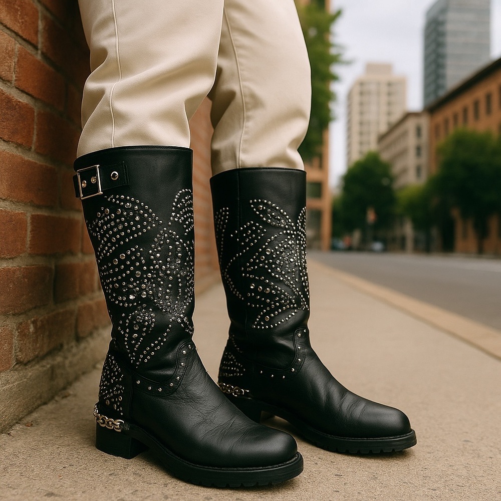 Donald J. Pliner Black Combat Moto Boots with Rugged Leather